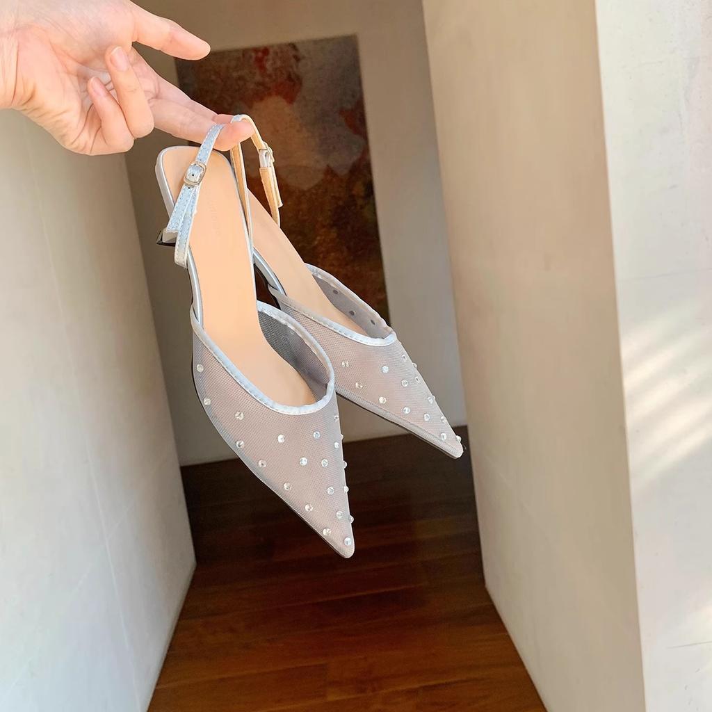 Sheepskin version~ versatile hot diamond temperament small pointed mesh yarn breathable 6cm thin heel empty sandals women