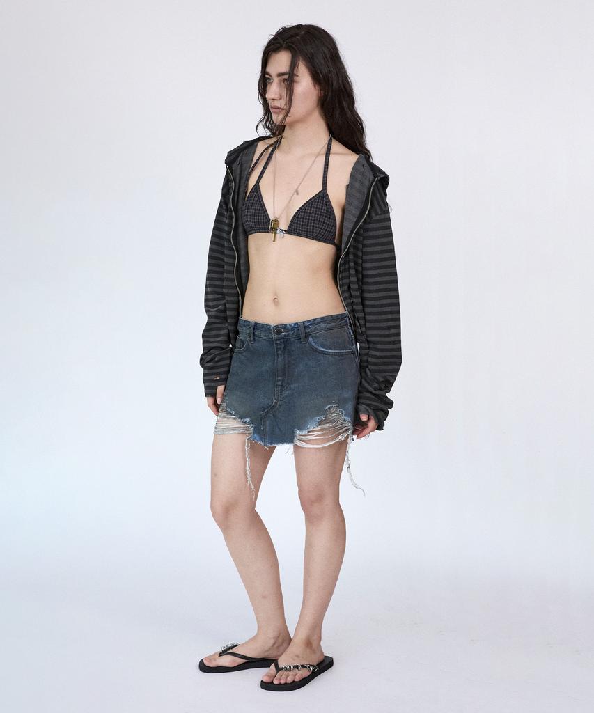 Holpeipeo Dirty Wash Damaged Denim Short Skirt (Black)