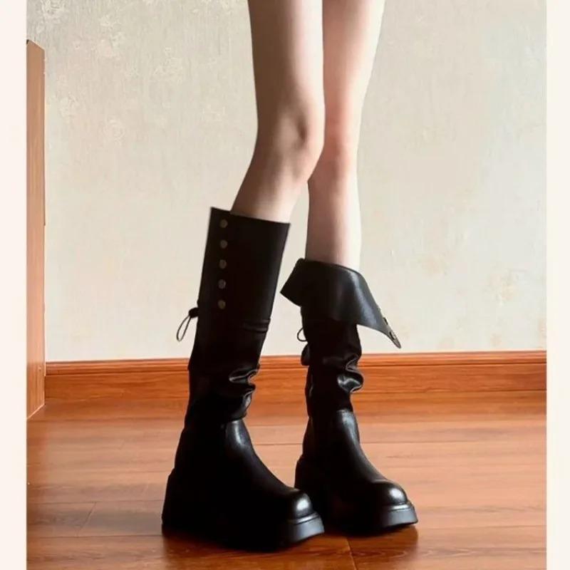 Fashion Pleated Thigh Boots Women's 2025 Autumn Winter Platform Knee-High Small Tall Knight Boots