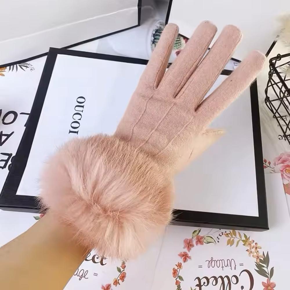 Winter New Outdoor Warm Plush Thick Gloves Women Touch Screen Elegant Vertical Striped Hairy Mouth Gloves Elegant Elastic Gloves