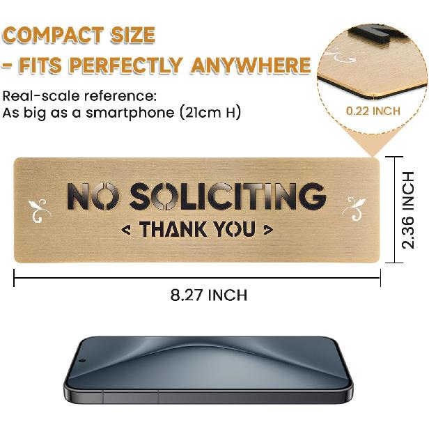 No Soliciting Sign, 304 Stainless Steel, Raised Letters, No-Drill Mounting with Strong Adhesive, Metallic Gold Finish, for House and Business (S203)