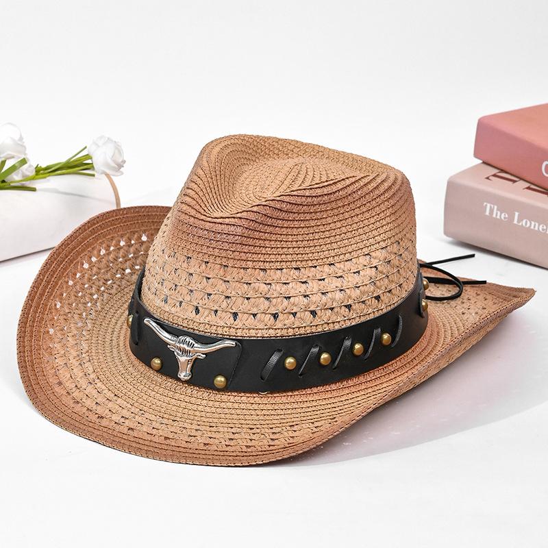 Hat Women's Summer Western Cowboy Straw Hat Ethnic Style Retro Sunscreen Sun Hat Solid Color Bullhead Label