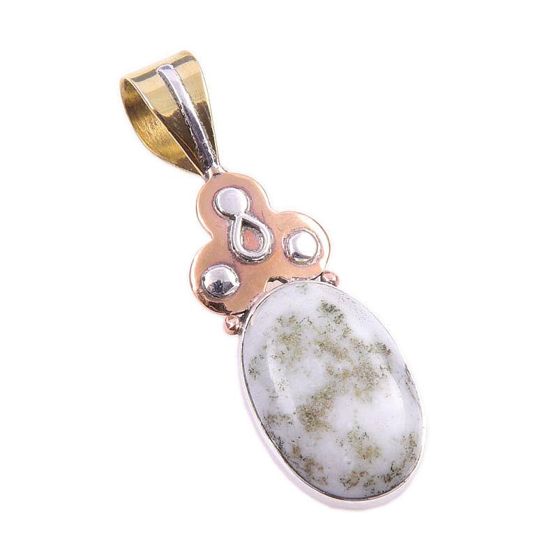 Natural Green Dendrite Opal Gemstone 925 Solid Silver TwoTone Pendant 1.75" y6m27