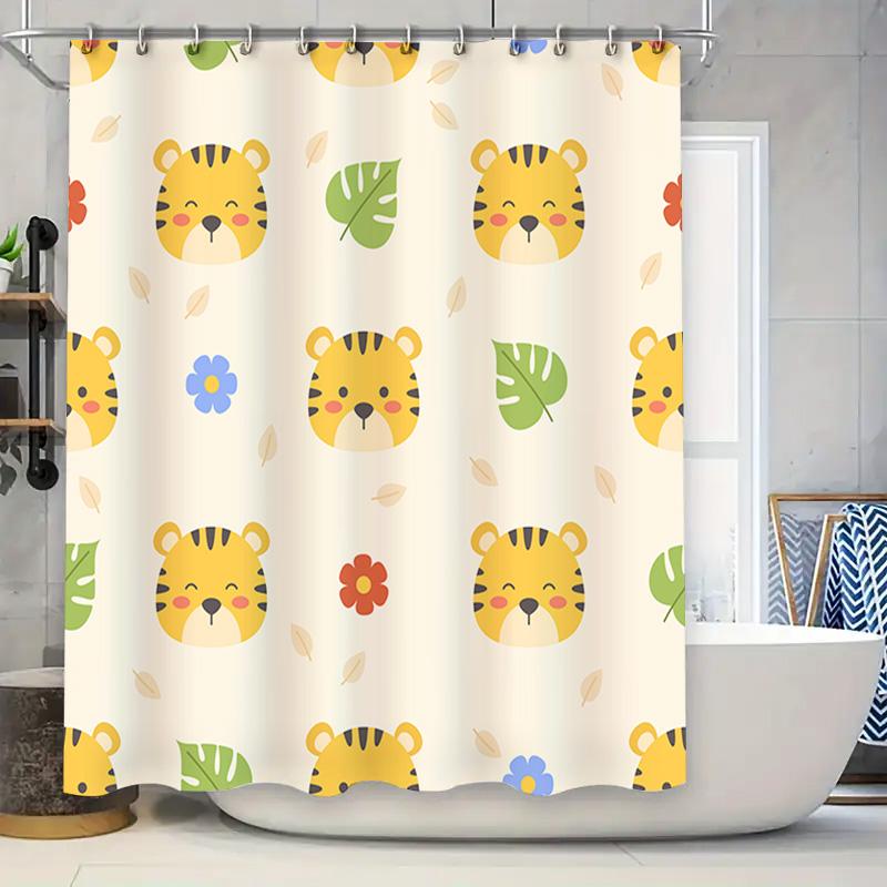 

Adorable Animal Print Shower Curtain For Kids Bathrooms Tiger Head Design With Leaves And Flowers In Multicolored Pattern W60H190(CM)-1 Pcs