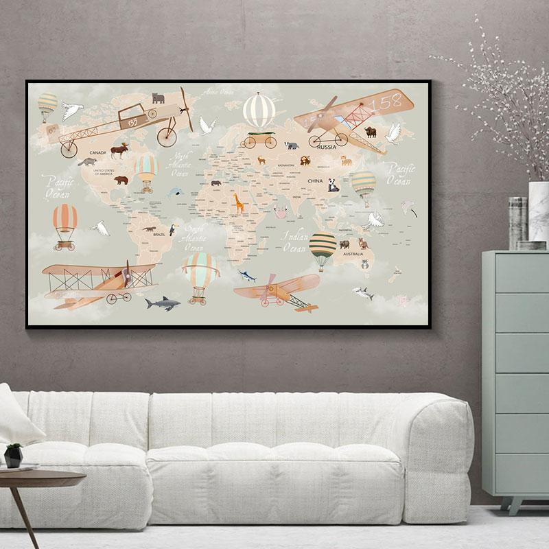 Cartoon Ocean Animal World Map Wall Art Canvas Painting Nordic Posters And Prints Nursery Wall Pictures For Kids Room Decoration