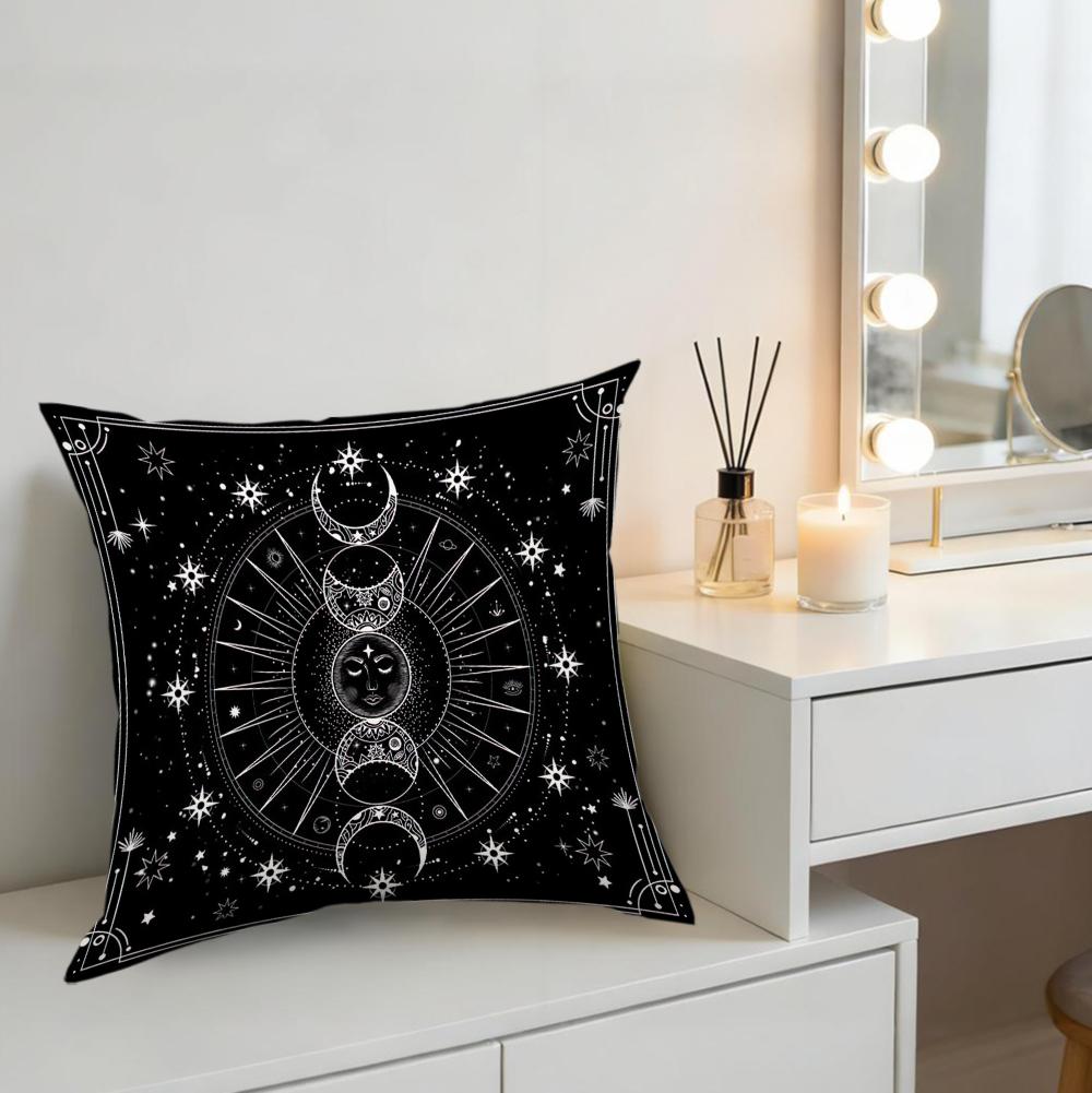 1Pc Bohemian Cushion Cover Black Moon Phase Star Print Pillowcase For Sofa Bed Decorative Throw Case Home Living Room Decoration