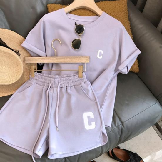 2 Pcs/Set Women Tracksuit O Neck Letter Print Color Short Sleeve T-shirt Drawstring Elastic Waist Loose