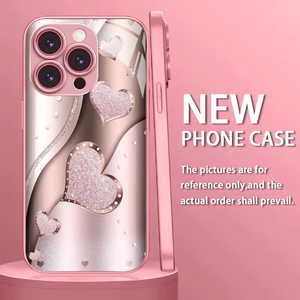 Pink heart to heart Phone Case High-end Phone Case Electroplated Glass TPU PhoneCase for iPhone 17 16 15 14 13 12 11pm Pro Plus