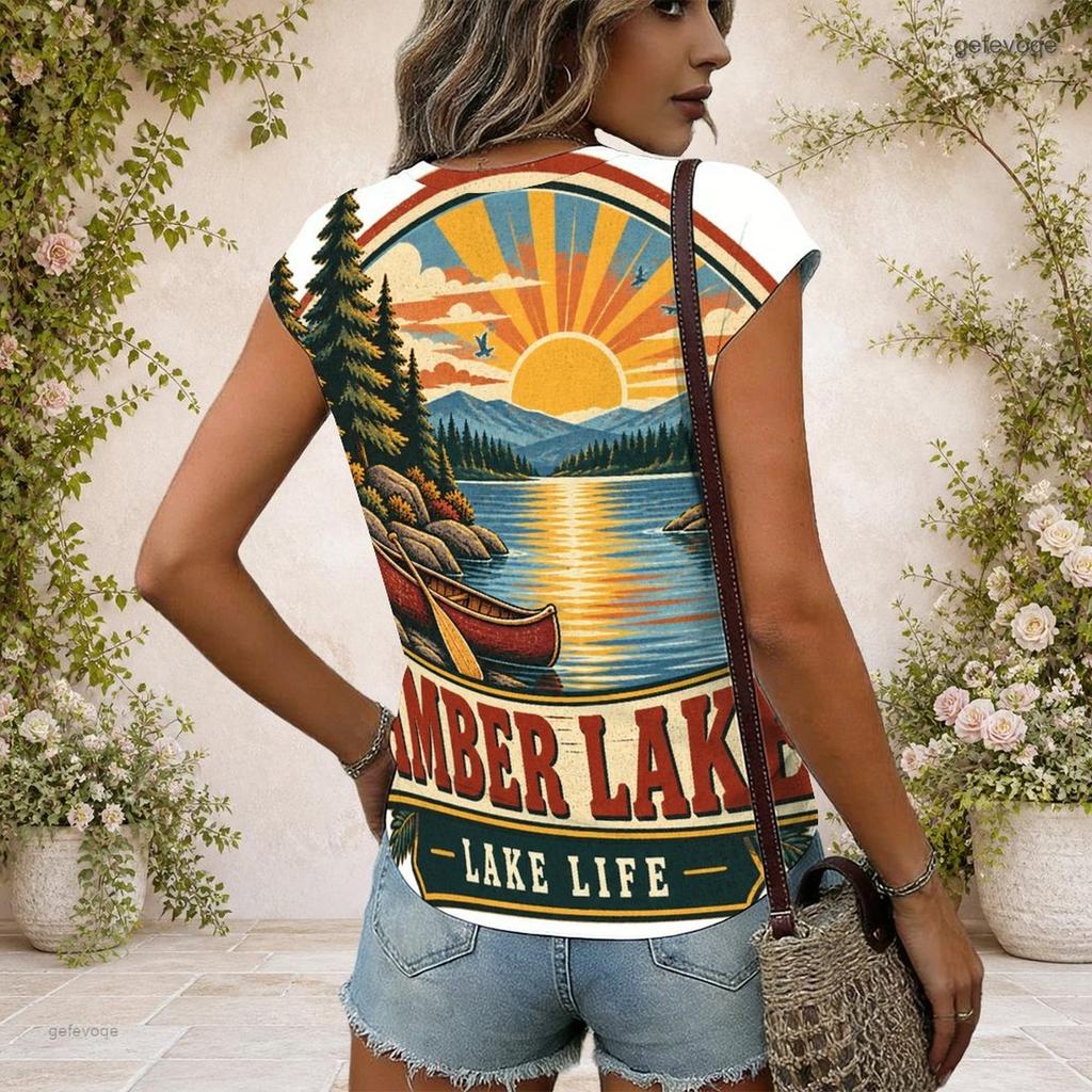 Women Plus Size V Neck Wide Short Sleeve Landscape Text Printed T Shirt