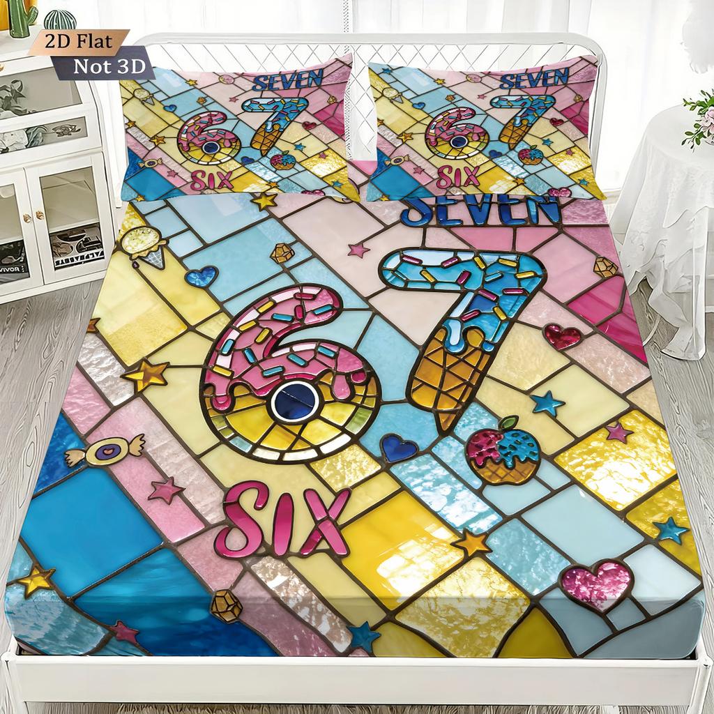 3pcs Imitation Glass Painted 67 Element Printed Coreless Bed Sheet Set, Multi Size Bedroom Bed Cover Decoration Machine Washable
