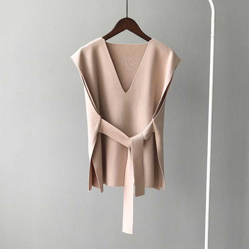 Split Hem Waist Coat with Belt Women's Autumn and Winter V-neck Knitted Vests Outer Wear Korean Version Loose Vest Women's Sleeveless Top