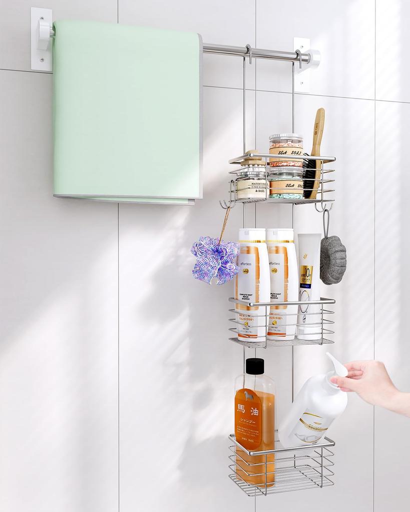 QIHS 3-Tier Shower Rack, Stainless Steel, Wall-Mounted, 89.5cm X 19cm, with Hooks, Bathroom Storage Shelf