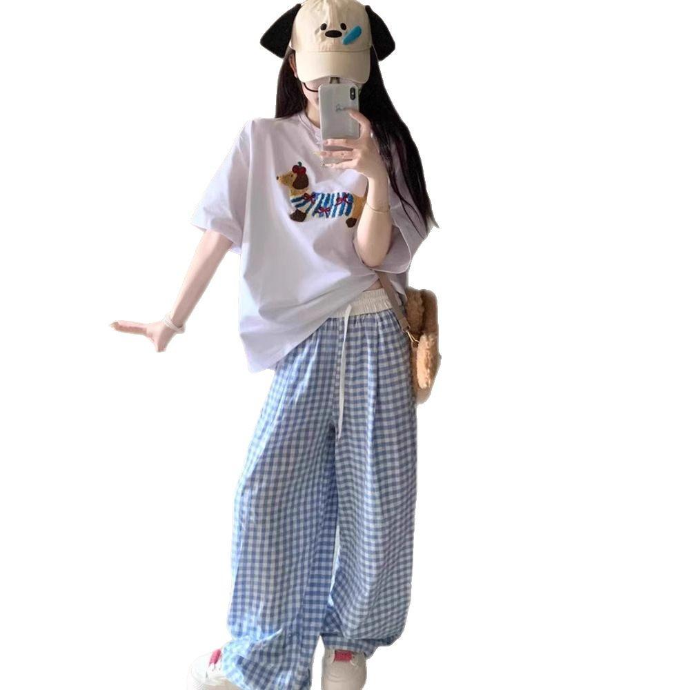 Girlish Dopamine Blue Plaid Women's Summer Wide-Leg Pants - Lazy Casual Yamamoto Style.