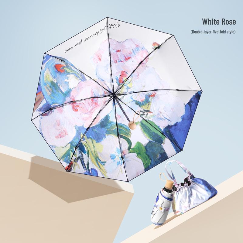 Women's UV-Protection Foldable Sun Umbrella - Compact, Portable, Manual, for Rain or Shine with Black Glue Coating.