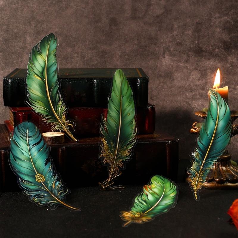 5Pcs Retro Feather PET Sticker Aesthetic Decorative Sticker For Journal Photo Album Scrapbooking Phone Case Wrapping