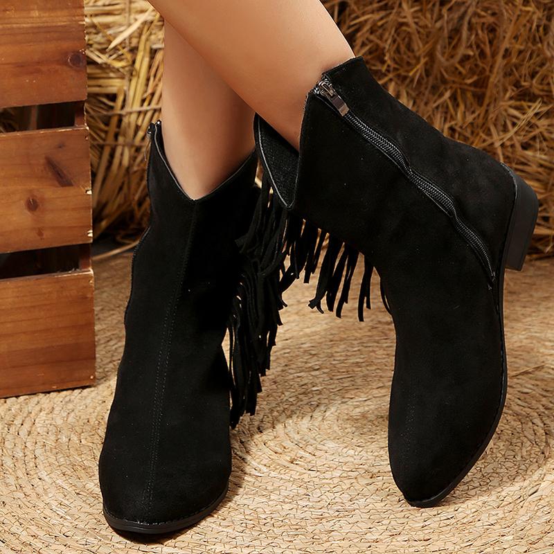 Vintage Tassels Western Boots Women Autumn Winter 2025 Loose Low Heels Ankle Boots Woman Faux Suede Slip On Cowboy Botas Mujer