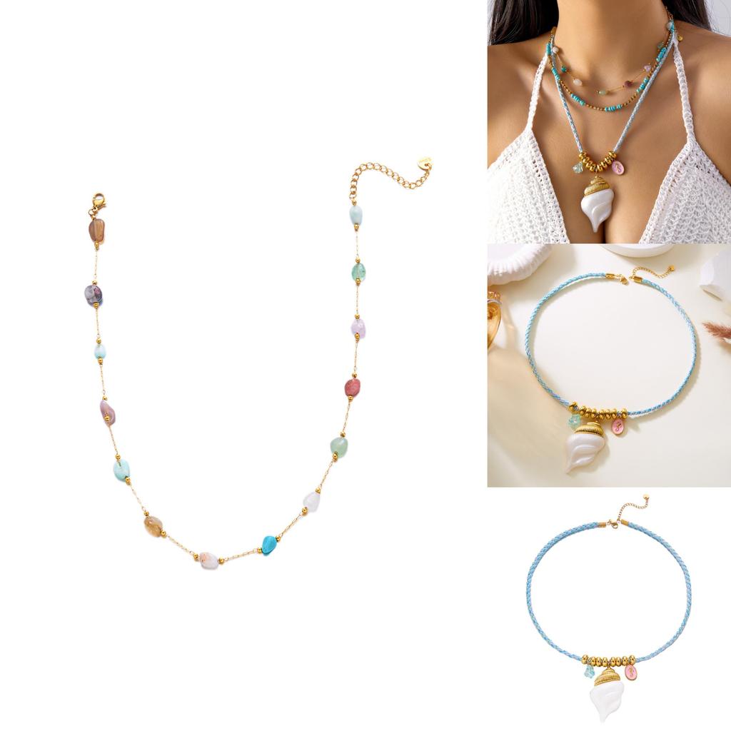 Bohemian Turquoise Shell Pendant Necklace With Stainless Steel Chain For Summer Vacation Style