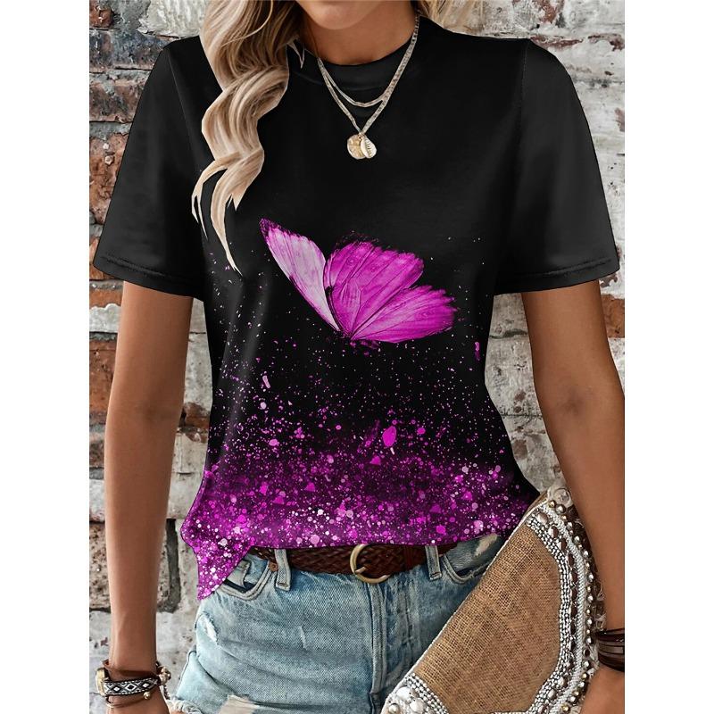 Summer Women's T Shirt Animal Weekend 3D Print Butterfly Graphics Light Green Short Sleeve Tee Fashion Round Neck Tops