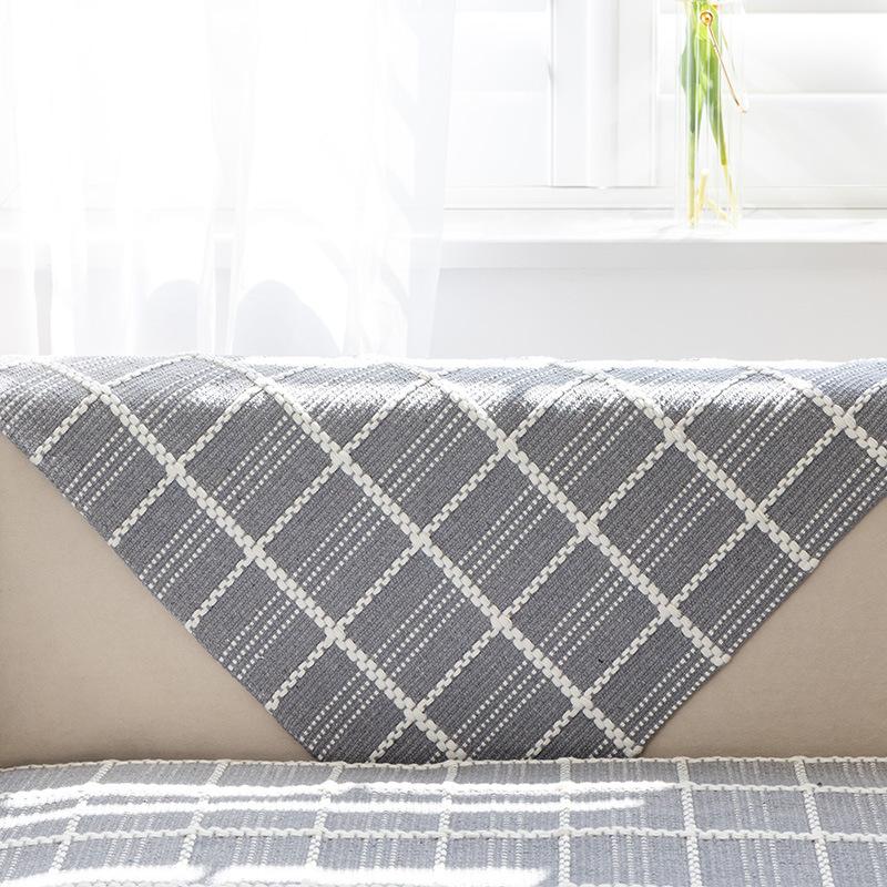 Gray Sofa Cushion Cotton and Linen Thickened, Universal for All Seasons, Simple Modern Anti-slip Plaid Sofa Cover with Cloth Towel