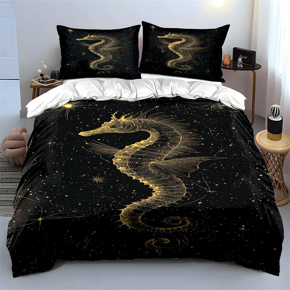 Golden seahorse with stars. Bedding sets Duvet cover sets Duvet covers Pillowcases(1 * Duvet Cover 2 * Pillowcases without duvet insert)