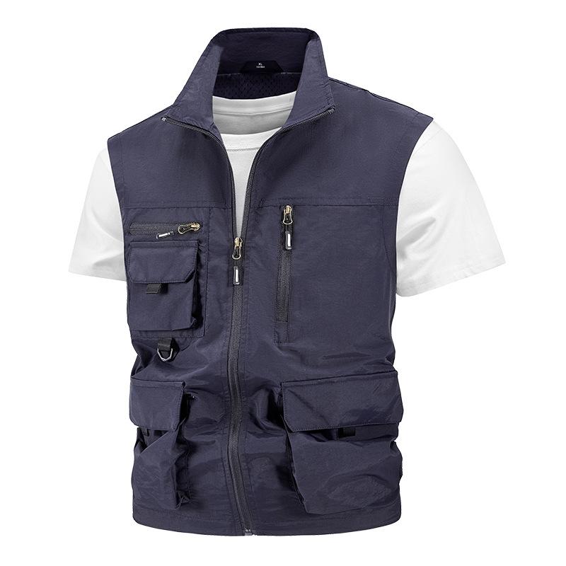 Men's Solid Color Stand-up Collar Outdoor Leisure Multi-pocket Vest Youth Handsome Waterproof Quick-drying Breathable Tops