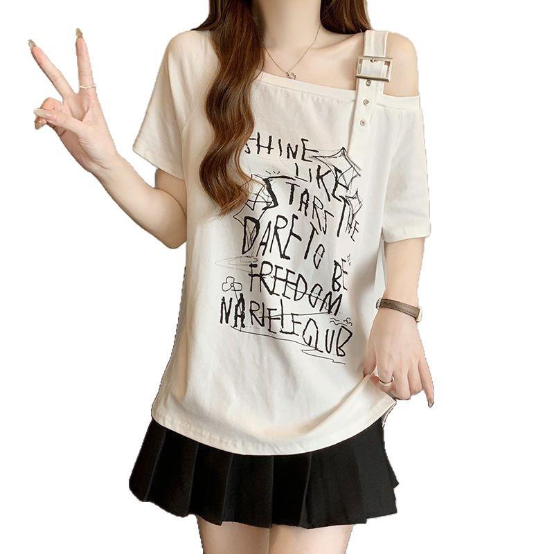 Damen Plus Size One-Shoulder T-Shirt mit Buchstaben - Schlankmachendes Lässiges Sommeroberteil