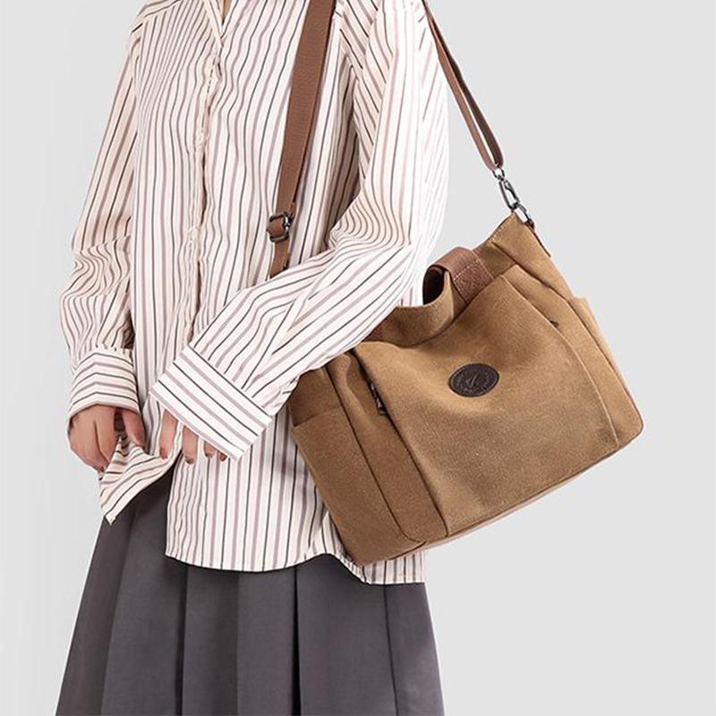 Fashi Canvas Women Handbag Large Capacity Minimalist Shoulder Bag Multi Pocket Zipper Crossbody Bag Student Commuter Tote Bag