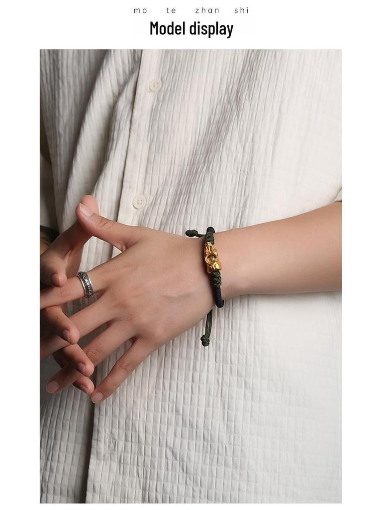 Dragon Knot Gold-Plated Silver Pixiu Bracelet - Handmade Woven Copper, Couple Style, Thai Sand Gold Design for Luck and Fortune.