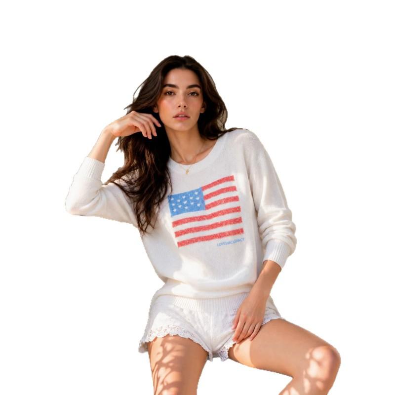 2026 Womens Vintage Loose Knit Sweater Casual Round Neck Long Sleeve Thick Warm Pullover White