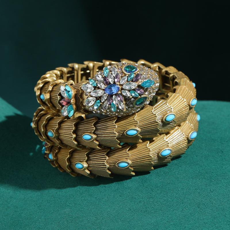 Vintage Large Snake Bracelets Woman Bangles Antique Gold Plated Jewelry Colorful Crystal Decoration Music Party Accessories 2026