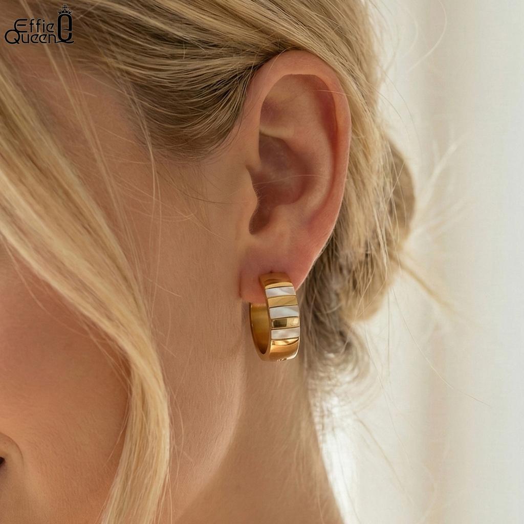 Effie Queen Edelstahl 18 Karat Gold Weiße Muschel Creolen Bankett Schmuck für Damen Geburtstage Party Jahrestag Geschenk STME06