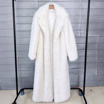 Long Faux Fur Coat Women Autumn Winter Large Jacket Overcoat White Turn Down Collar Pockets Thick Coat Warm Jackets Maxi Coats