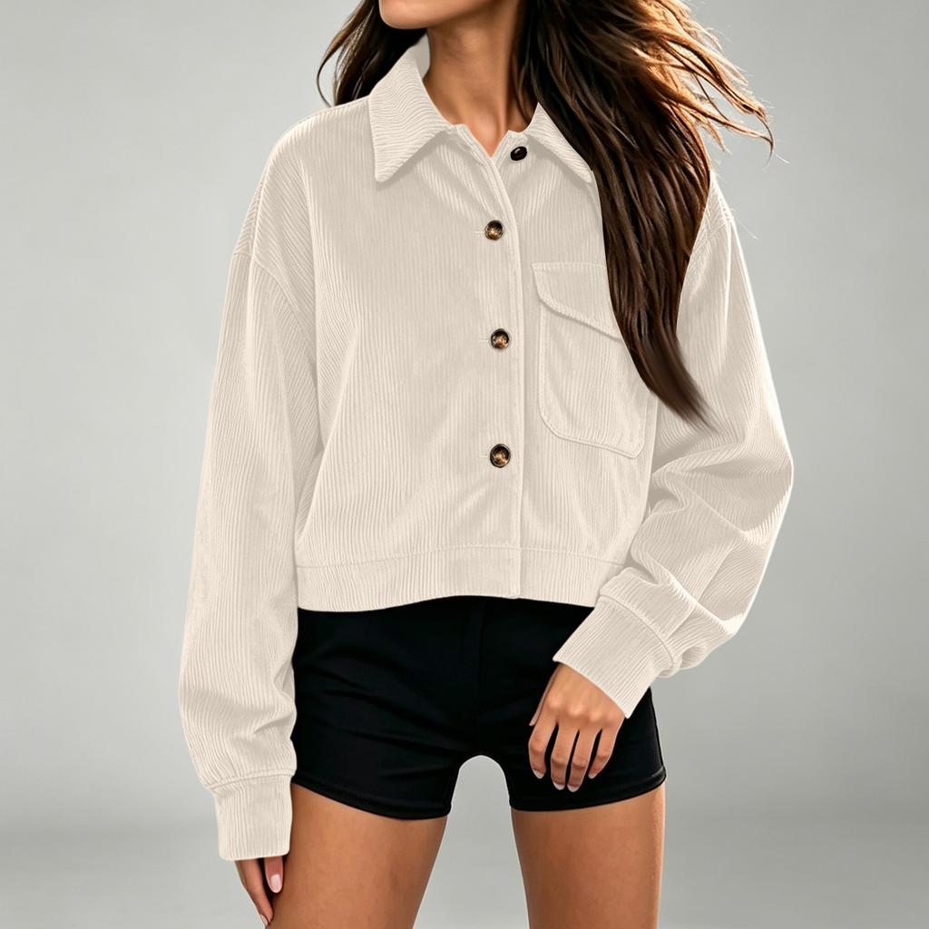 Women's Short Corduroy Jacket Single-Breasted with Lapel Collar and Pockets for Casual Daily Wear