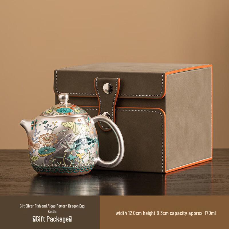 

Chinese Dragon Egg Tea Pot with Gilded Silver Fish Algae