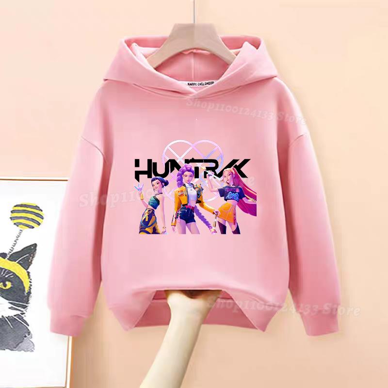 Demone Hunter Girl's Pink Hooded Streetwear Autumn Cute Anime Baby Pullover Kids Y2K Kawaii Long Sleeved T-shirt Casual Clothes