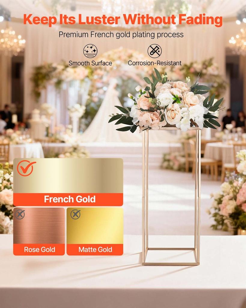Wedding Flower Stand, 10PCS 60cm Column Flower Stand, Floral Stands with Metal Laminate, Gold Rectangular Floral Display Rack for Wedding, Party,
