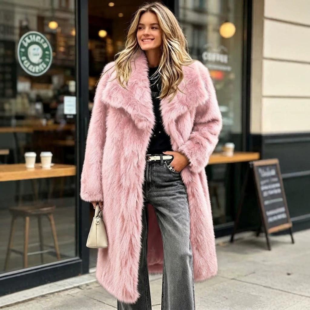 European and American Imitation Fur Large Lapel Collar Long Artificial Coat Long Fashion Imitation Fox Fur Coat Medium and Long C