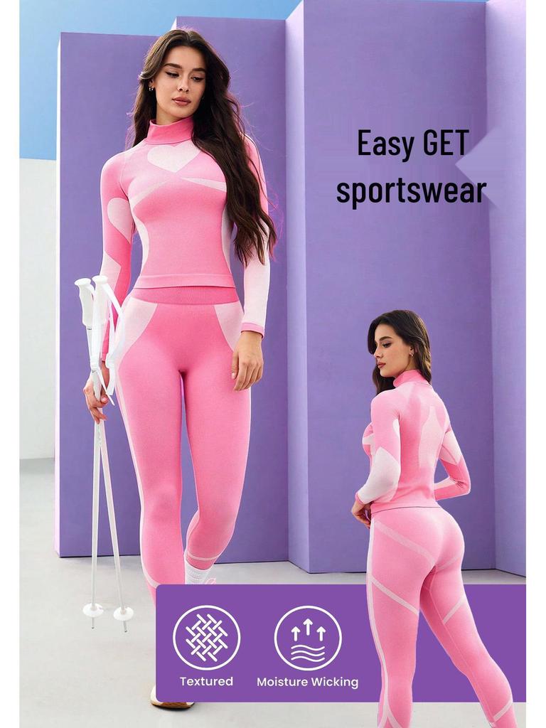 High-Collar Ski & Yoga Wear Set: Butt-Lifting, High-Elasticity, Long-Sleeve Top & Pants for Outdoor Sports