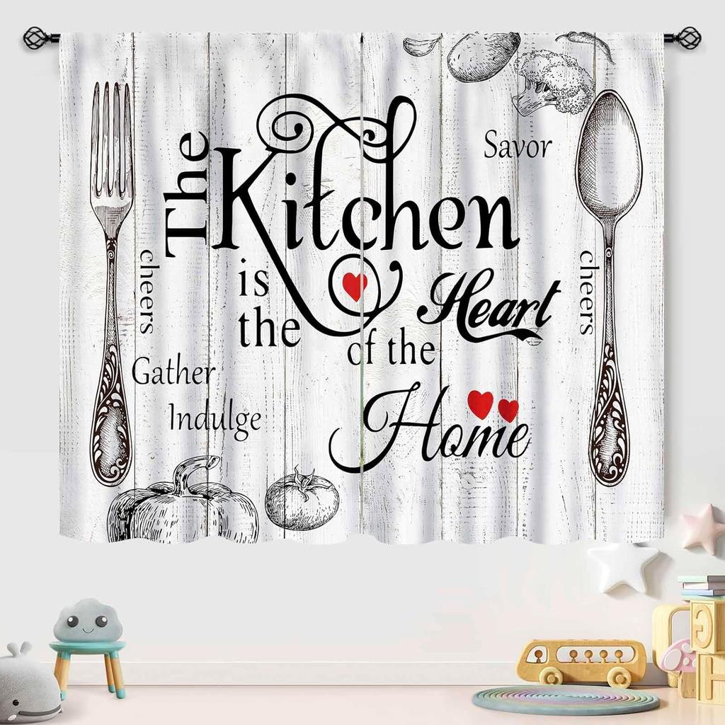 Rustic Kitchen Curtains,Retro Fork Spoon Wooden Plank Farmhouse Country Cooking Theme Funny Quotes Window Treatment for Bedroom