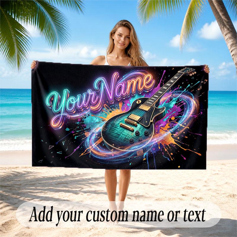 Music Guitar Theme Beach Towel Personalized Custom Name & Text Soft Quick Dry Beach Towel for Swimming Travel