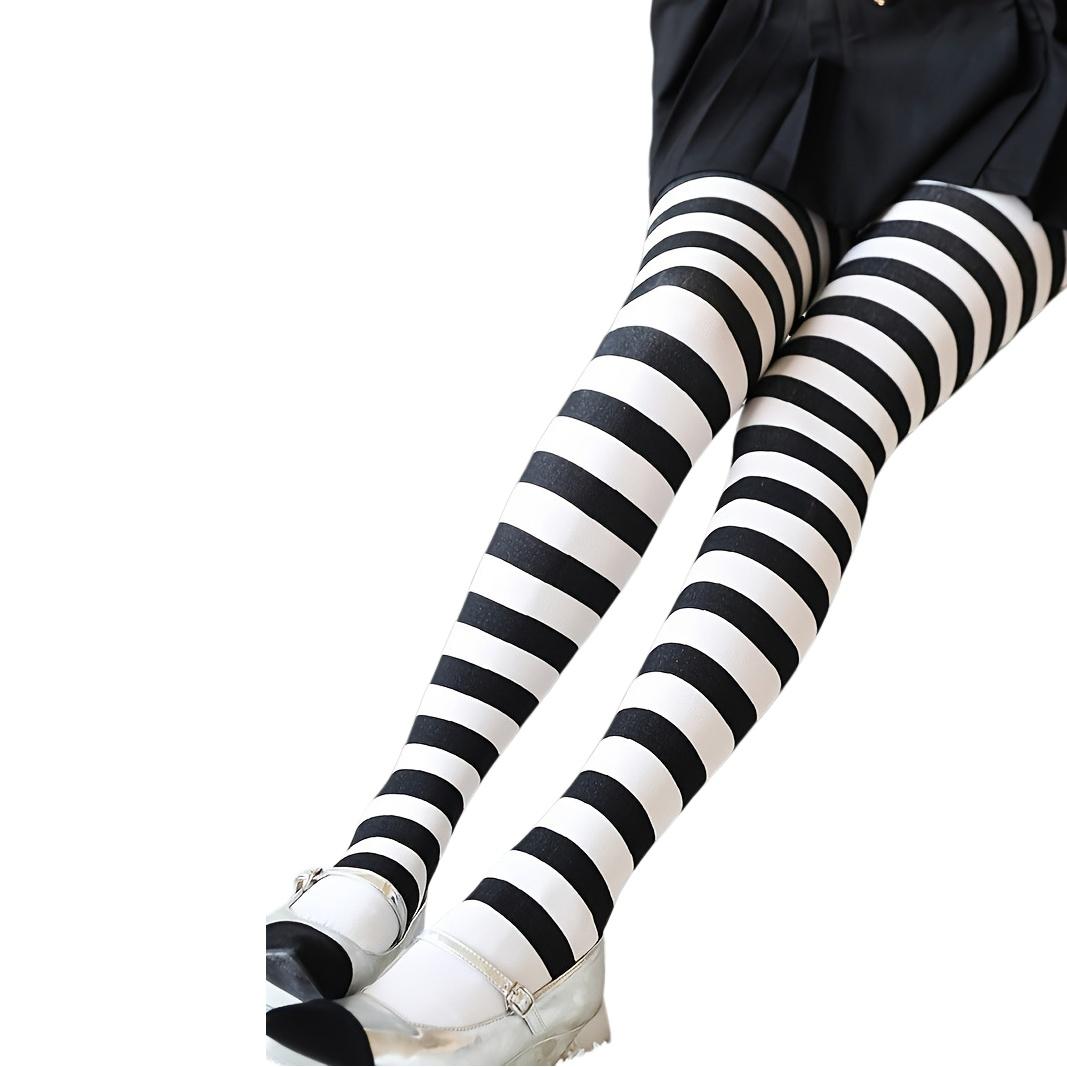 Damen 50D Nylon Blickdichte Strumpfhose mit breiten Streifen, für Erwachsene, Halloween, Horizontale bunte Streifen, Strumpfhose für Cosplay und tägliches Tragen One Size black