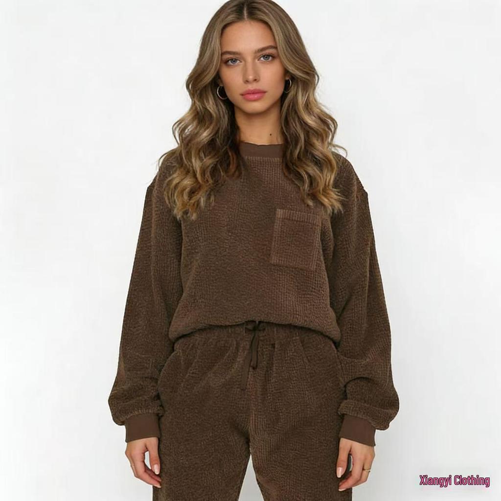 European & American Autumn/Winter Corduroy Solid Color Pullover with Foot-tie Pants Set