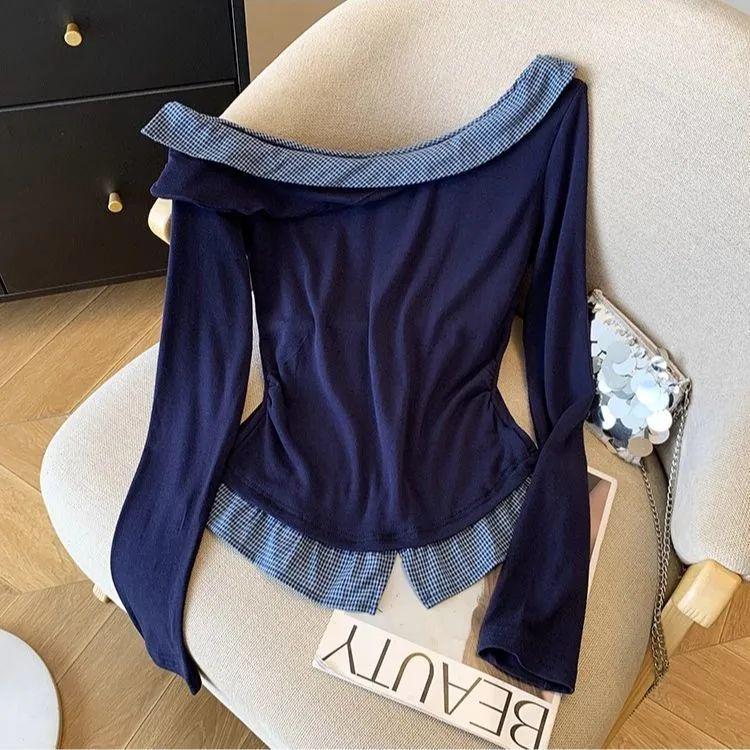 Women s Ruched Plaid Patchwork One-Shoulder Cropped Top - Long Sleeves, New 2025 Spring/Autumn Style L
