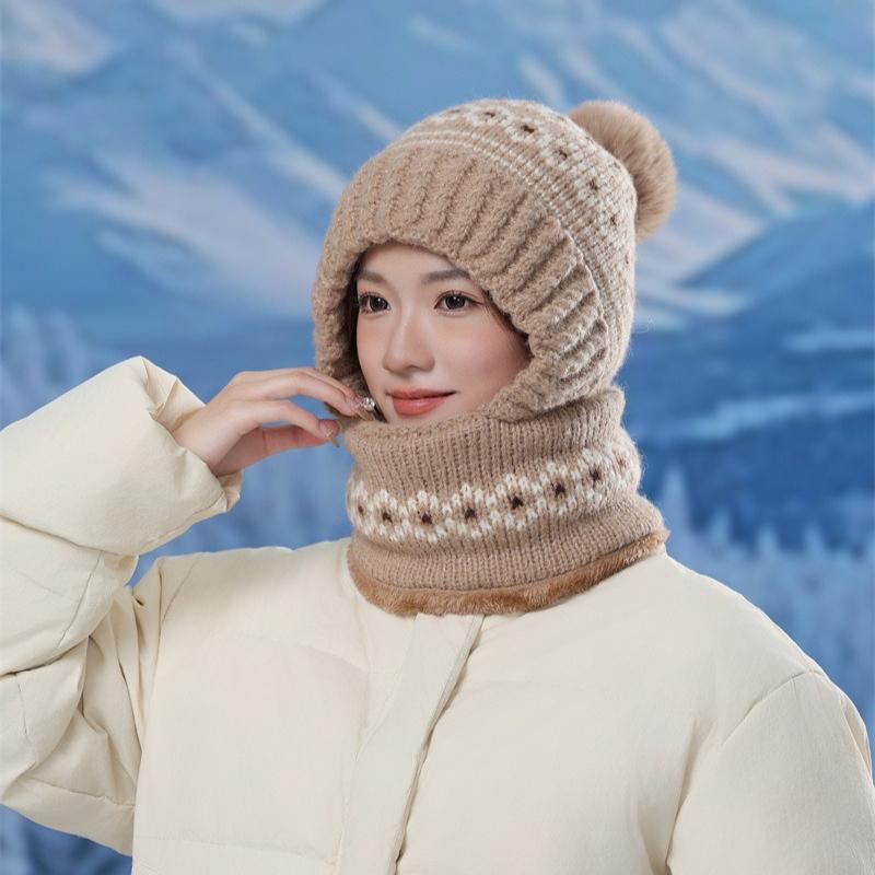 Love Jacquard Warm One-piece Hat Women's Winter Plush Pullover Ear Protection Plush Line Scarf One-piece Hat