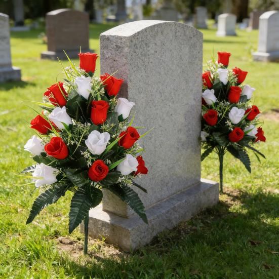 2 Pcs Artificial Cemetery Flowers Outside Fake Red White Rose with Long Nail Vase Memorial Flower Bouquet for Cemetery Headstone Graveyard Decor