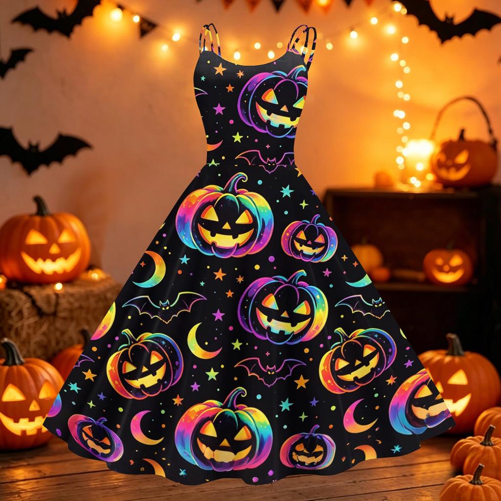 Women Halloween Print Off Shoulder Dress Punk Vintage Style Sleeveless Spaghetti Strap Midi Dress with Flared Skirt for Party