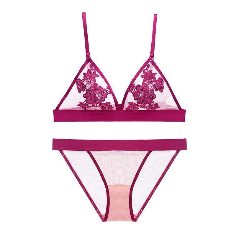 Lace Push-Up Bra Set Women Thin Triangle Cup Underwire-Free With Back Double Hook