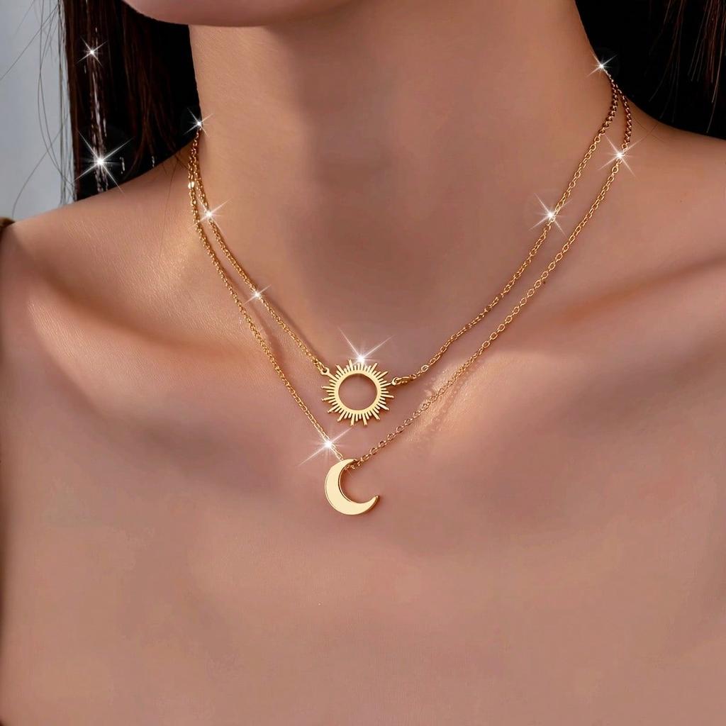 2pcs Sun & Moon Pendant Necklace Set - Vintage & Minimalist Style, Iron Crafted Bohemia Jewelry Gift, Perfect for Women Men Casual Attire