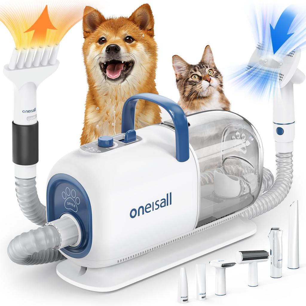Oneisall Dog Grooming Vacuum Cleaner Dryer with Patented Brush Suction Low Grooming 7 Temperature Electric Clippers for Small and Medium Dogs and