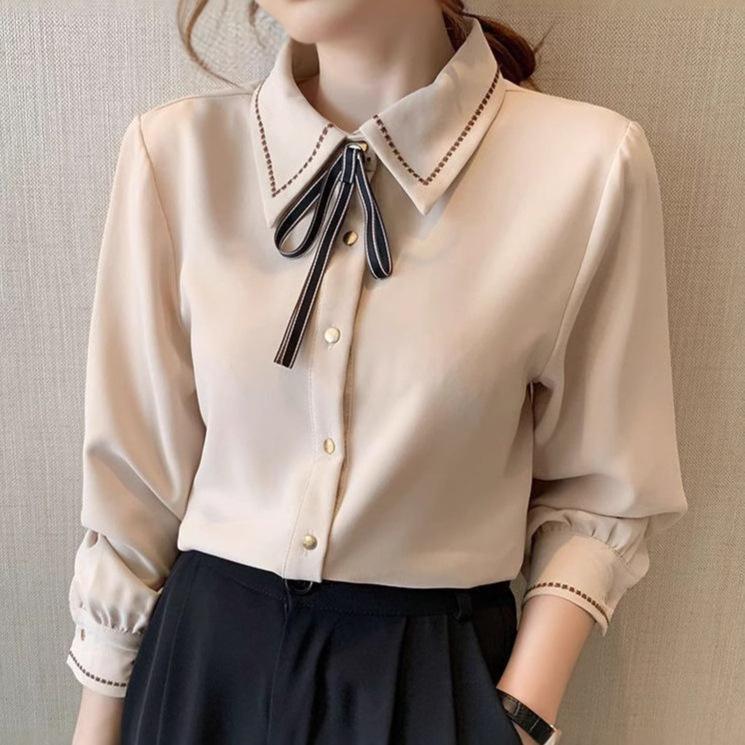Women's Chiffon Shirt Top with Bow Tie and Lapel Collar Women's Shirt Long Sleeved Base Shirt